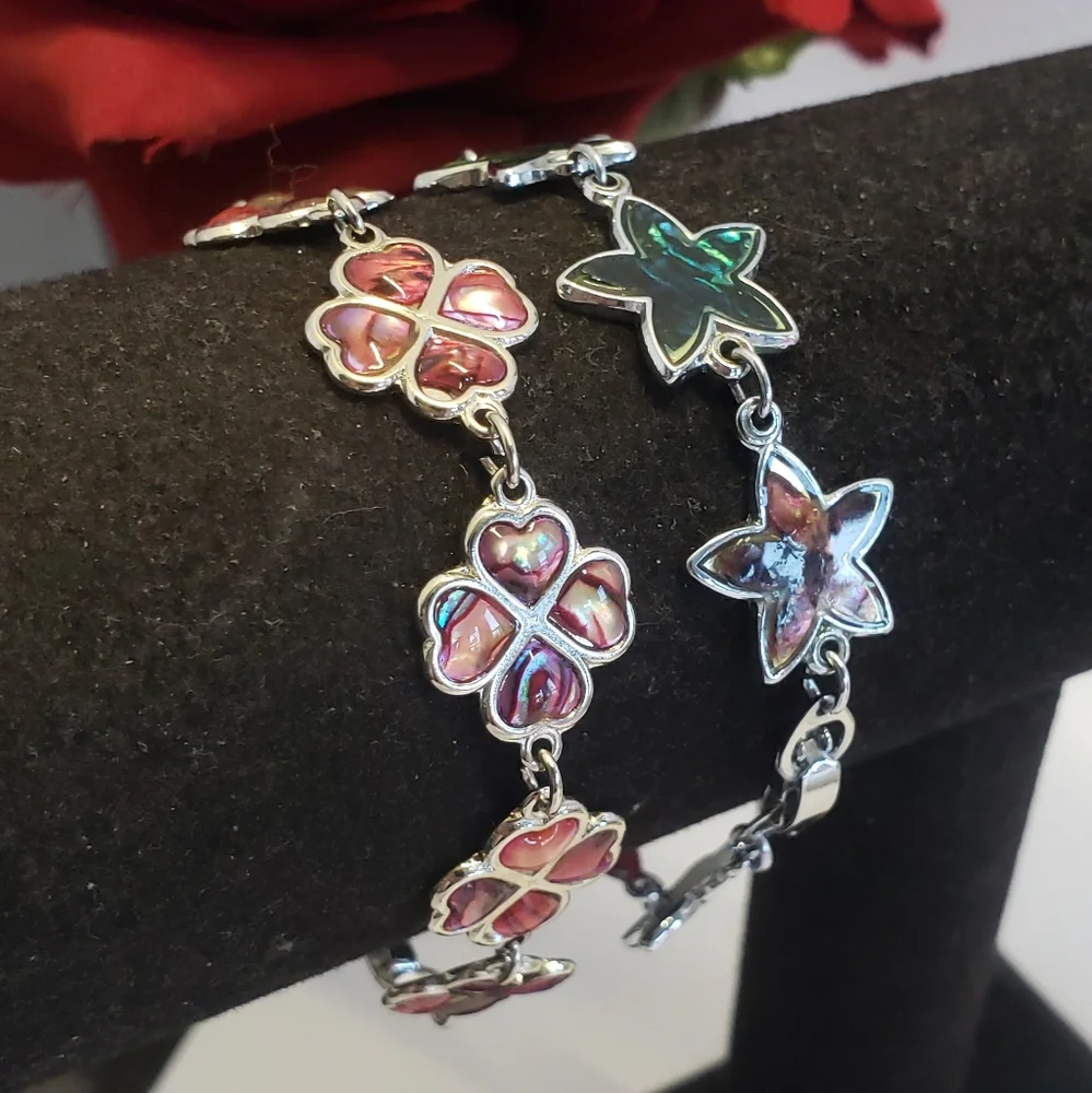 Abalone Silver Star & Clover Leaf Charm Bracelet 2 Bracelets